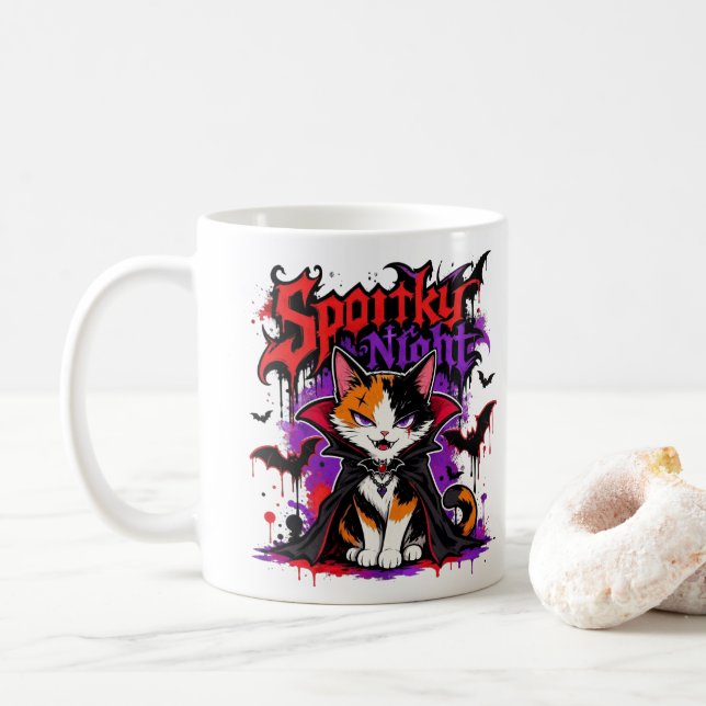 Caneca De Café Gato Calico Vampiro Noite Assustadora (Com Donut)