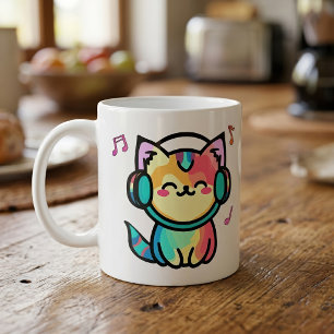 Caneca De Café Gato Cartoon Kawaii Sorridente Feliz com Fones de