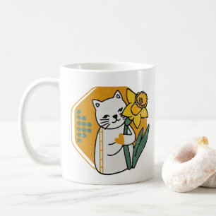 Caneca De Café Gato Cinto com Flor Amarelo Daffodil