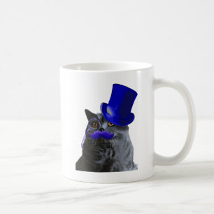 Caneca De Café Gato Cinza com chapéu azul e bigode azul