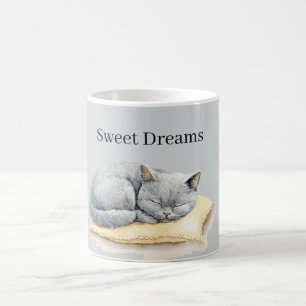 Caneca De Café Gato Cinza Dormindo no Travesseiro