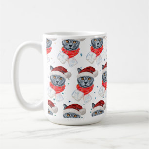 Caneca De Café Gato Cinza Fofo em Aquarela com Cachecol