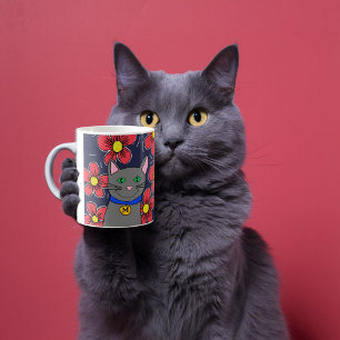 Caneca De Café gato cinza personalizado com flores personaliza o