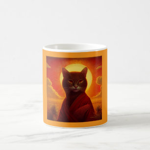Caneca De Café Gato Cinza Vestindo Robe Fashion Em Cena Do Pôr Do