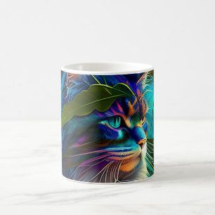 Caneca De Café Gato colorido neon em flores tropicais Arte AI