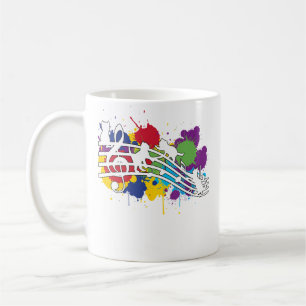 Caneca De Café Gato Colorido Tocando em Folhas de Notas Musicais