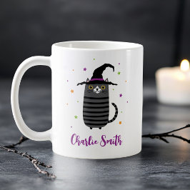 Caneca De Café Gato com chapéu de bruxa e nome de Halloween fofo
