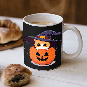 Caneca De Café Gato com chapéu de bruxa na abóbora de Halloween