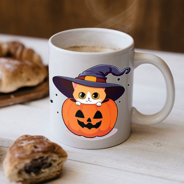 Caneca De Café Gato com chapéu de bruxa na abóbora de Halloween (Criador carregado)