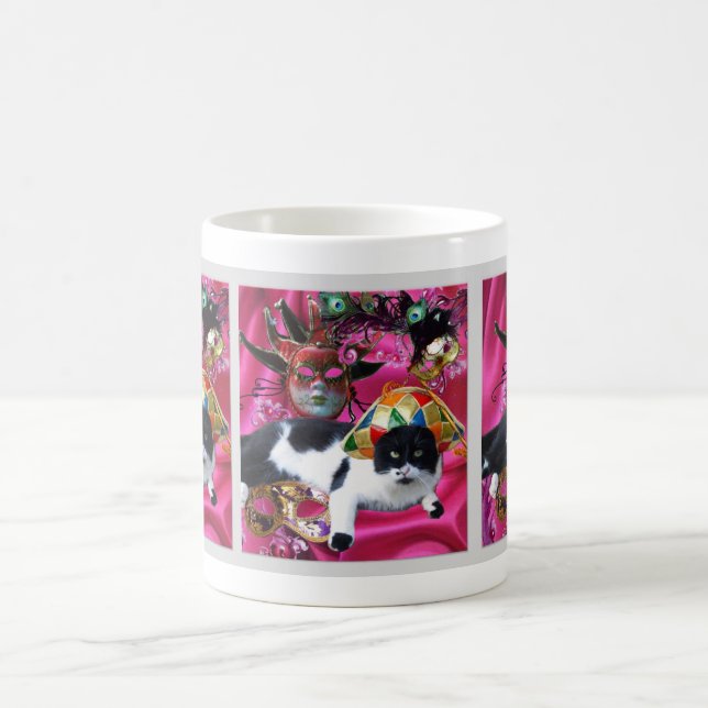 CANECA DE CAFÉ GATO COM HARLEQUIN HAT E MÁSCARAS DE MASCARADA (Centro)
