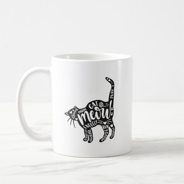 Caneca De Café Gato com Palavras Dentro Design (Esquerda)