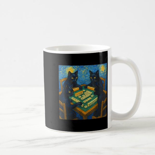 Caneca De Café Gato da noite estrelada de Van gogh jogando mahjon (Direita)