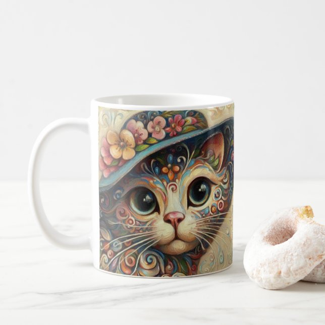 Caneca De Café Gato de Abstrato com Gato com Chapéu (Com Donut)