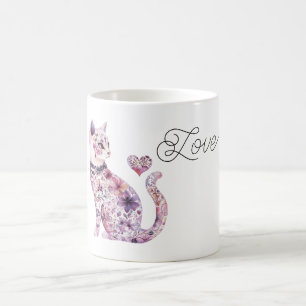 Caneca De Café Gato de Amor Coração Flores Rosa Roxo Rubor