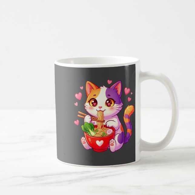Caneca De Café Gato de Anime Comendo Macarrão Ramen Com Corações  (Direita)