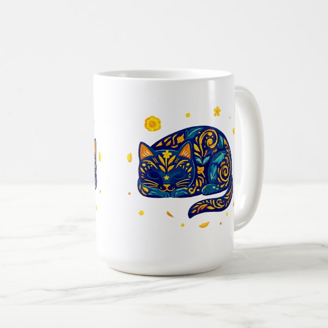 Caneca De Café Gato de Arte Popular em Azul (Frente Esquerda)