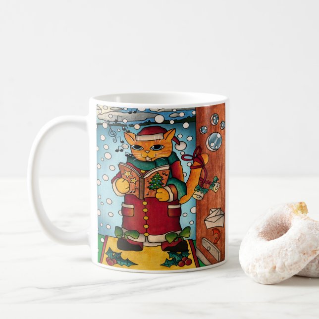 Caneca De Café Gato de Cantor Carol de Natal encantador e encanta (Com Donut)