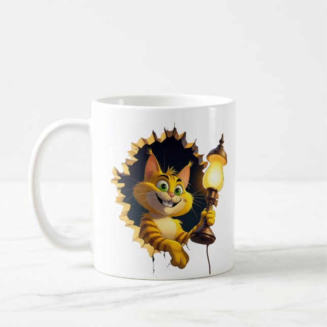 Caneca De Café Gato de Cartoon Whimsso segurando uma lâmpada atra (Esquerda)