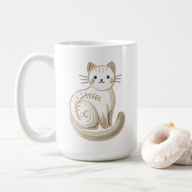 Caneca De Café Gato De Gatinho Neutro Bordado De Boho (Com Donut)