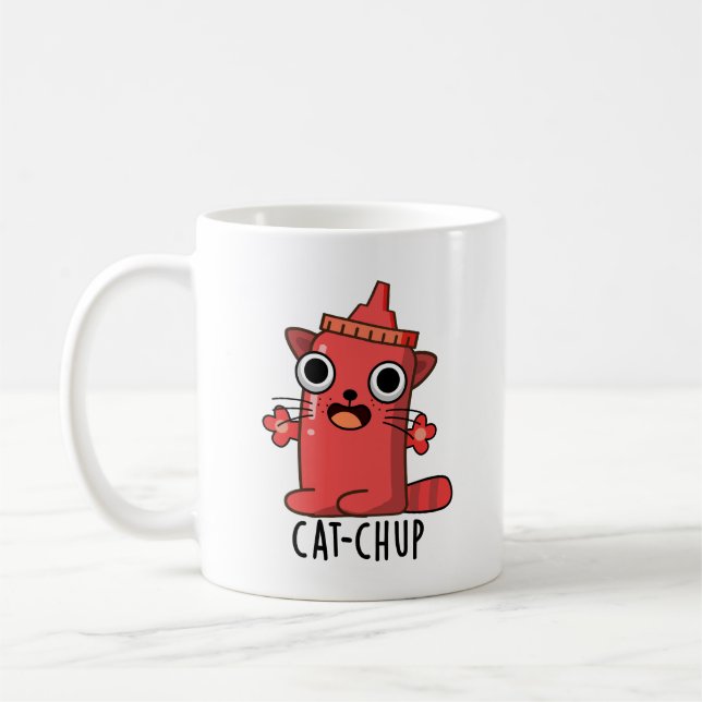 Caneca De Café Gato de Gato Engraçado Ketchup Pun (Esquerda)
