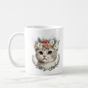 Caneca De Café Gato de Gato Floral de Aquarela