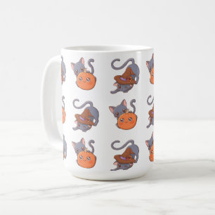 Caneca De Café Gato de Halloween bonito com abóbora e bruxa