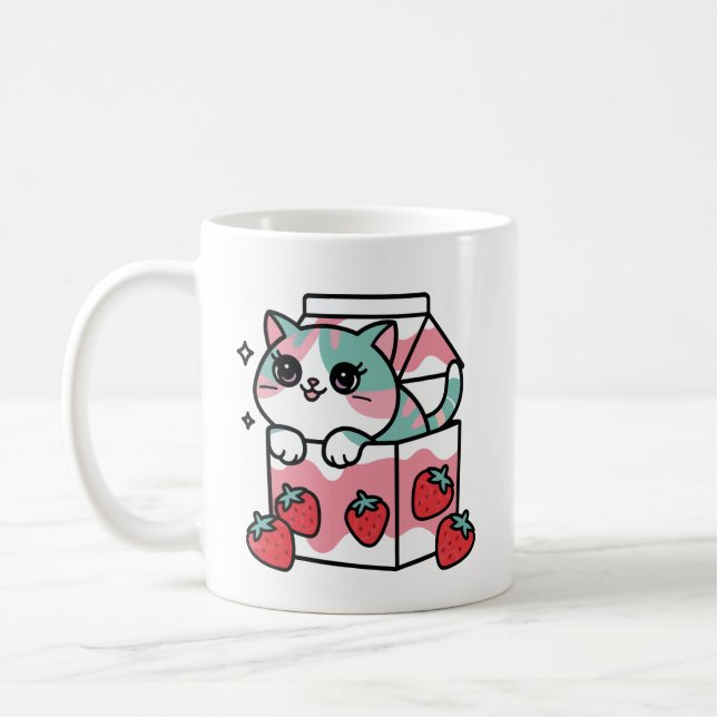 Caneca De Café Gato de leite de morango Kawaii (Esquerda)