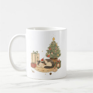 Caneca De Café Gato de Natal Aconchegante com Presentes e Árvore