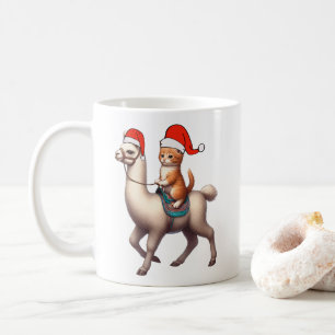 Caneca De Café Gato de Natal Andando Llama, Xmas Llama e Kitten