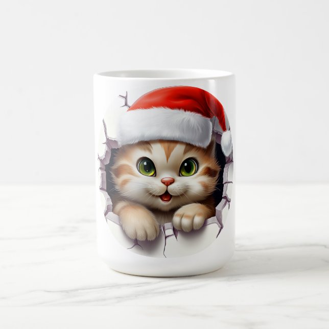 Caneca De Café Gato de Natal bonito através da parede ilustrado (Centro)