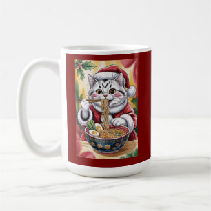 Caneca De Café Gato de Natal Comendo Ramen Japonês Kawaii Feriado