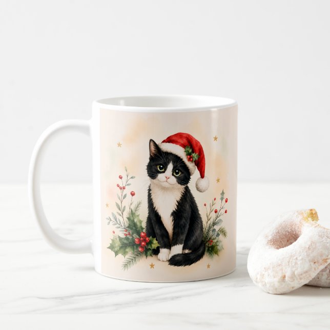 Caneca De Café Gato de Natal de Smoking com Chapéu de Papai Noel (Com Donut)