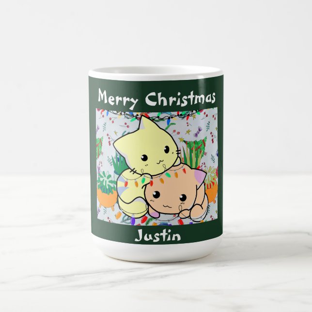 Caneca De Café gato de natal fofo, personalize o texto personaliz (Centro)