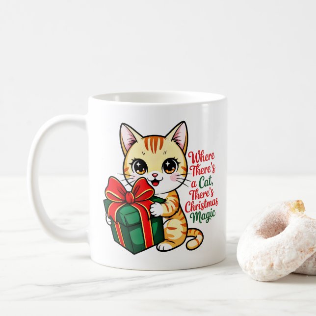 Caneca De Café Gato de Natal Fofo Presente de Férias para Amantes (Com Donut)