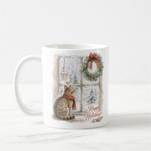 Caneca De Café Gato de Natal na Janela com Coroa