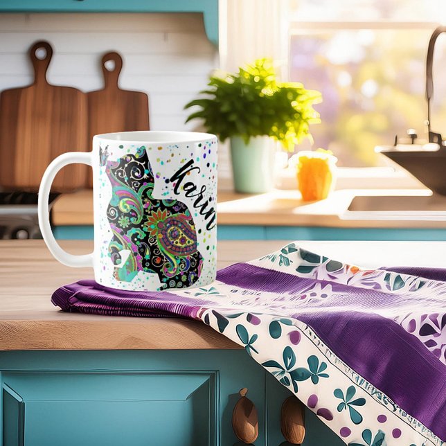Caneca De Café Gato de Paisley personalizado e borboleta (Criador carregado)