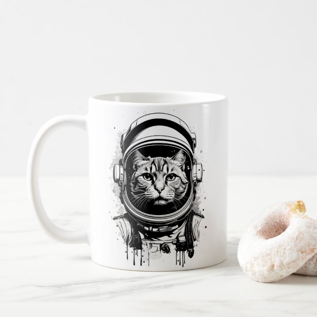 Caneca De Café Gato do Astronauta Negro e Branco (Com Donut)