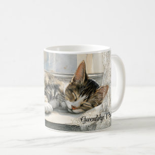 Caneca De Café Gato Dormindo no Parapeito da Janela com Cortinas