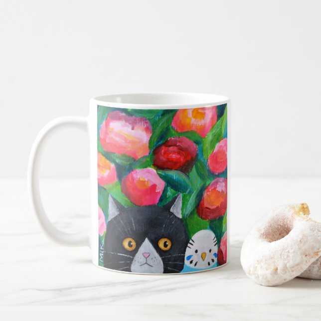 Caneca De Café Gato e Azul - Foguete Fofo Lover Quirky Folk Art (Com Donut)