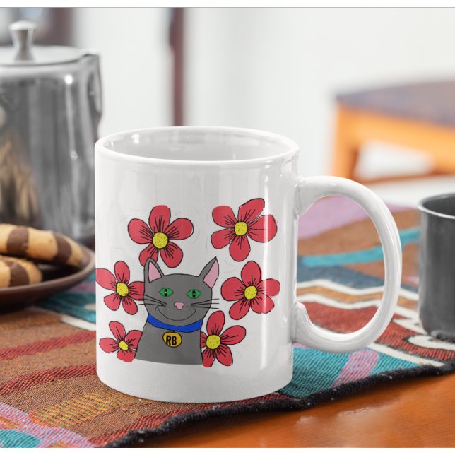 Caneca De Café Gato e flores bonitos Personalizar com o próprio (Criador carregado)