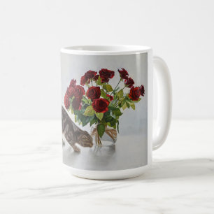 Caneca De Café Gato e Rosas Vermelhas – Impressão de Pintura a Ól