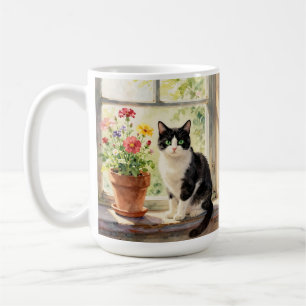 Caneca De Café Gato em Aquarela, Flores e Poema