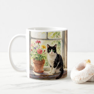 Caneca De Café Gato em Aquarela, Flores e Poema