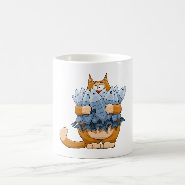 Caneca De Café Gato Engraçado Segurando Peixe Cartoon Gatinho Fam (Criador carregado)