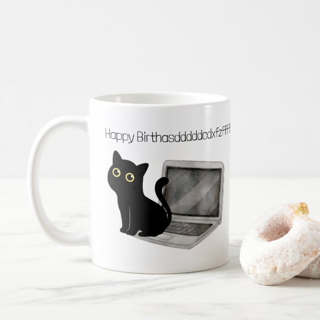 Caneca De Café Gato Engraçado Sentado no Laptop Aniversário Coffe (Com Donut)