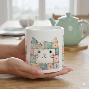 Caneca De Café Gato Falso de Patchwork em Pastel no Estilo Cottag