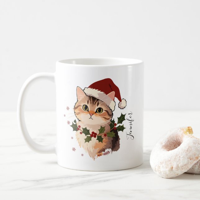 Caneca De Café Gato Fofo com Chapéu de Natal Nome Personalizado (Com Donut)