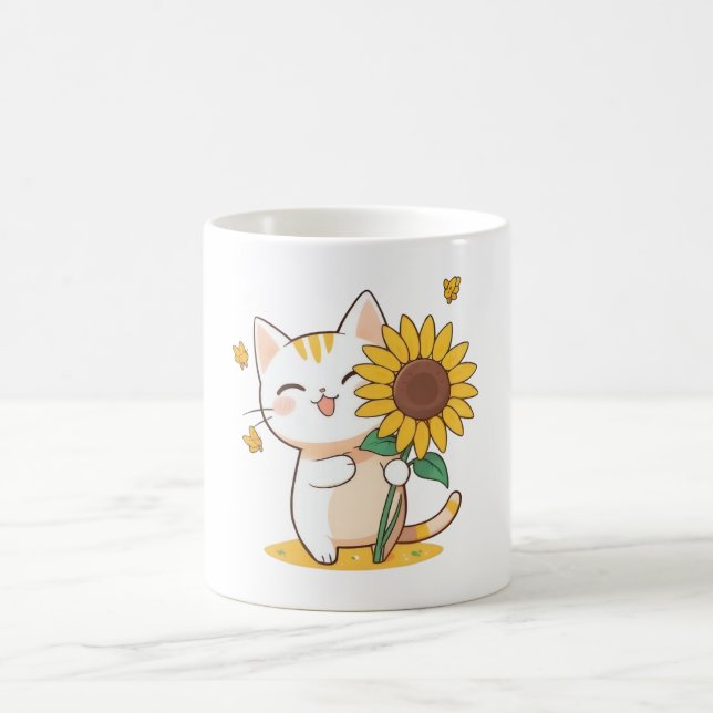 Caneca De Café Gato Fofo com Design Kawaii de Girassol (Centro)