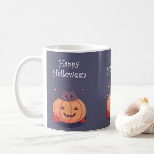 Caneca De Café Gato fofo com uma abóbora de Halloween Azul cinza 