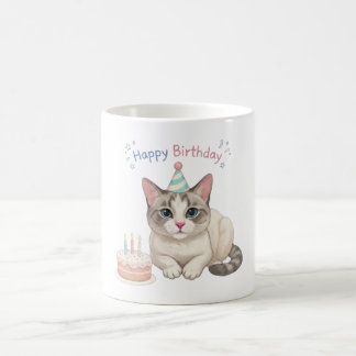 Caneca De Café Gato Fofo de Aniversário com Bolo e Chapéu de Fest